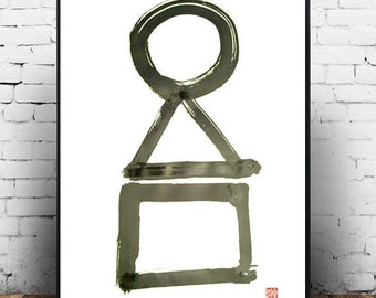 Circle, Enso, Triangle, Square, Large Zen Wall Painting on paper, Zenbrush Art Sumi e Ink painting, zen decor, zen japanese tea, taoist