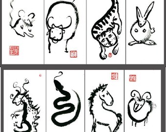 Chinesisches neues Mondjahr Sternzeichen Tiermalereien - Set von 12 Original Zen Sumi Tuschemalereien