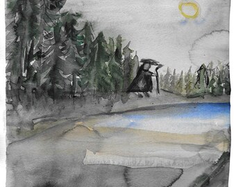 Pintura de paisaje taoísta zen, poema "Montaña Fría" del poeta chino Han Shan, pintura original hecha a mano con acuarela y tinta sumi, decoración zen, arte zen