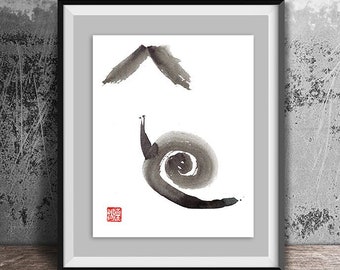 Snail Climbs Mount Fuji, Zen Brush Painting of Issa haiku poem, Sumi-e Original Zen Art, Asian Decor, japan tea ceremony, inspirational art
