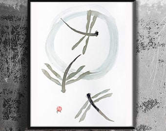 Dragonfly, Dragonflies, zen brush painting, art sumi-e ink painting,  japanese tea ceremony, issa haiku, zen decor art, asian zen wall art