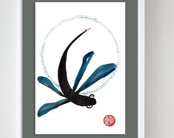 Dragonfly and enso moon, zenbrush painting, issa haiku Original sumi ink painting, japanese tea ceremony, zen decor art, Asian wall art