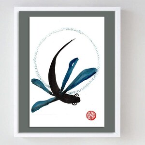 Issa Haiku, Libelle und Enso Mond auf Leinwand, Original Tuschemalerei, japanische Teezeremonie, Zen Dekoration, asiatische Wandkunst