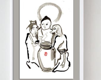Los Catadores de Vinagre: Buda, Confucio, Lao Tzu, impresión de pintura original en tinta sumi-e, decoración zen, pintura budista taoísta, arte mural asiático
