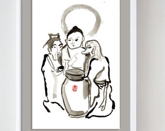 The Vinegar Tasters: Buddha, Confucius, Lao Tzu print of original sumi e ink painting, zen decor, buddhist Taoist painting, asian wall art