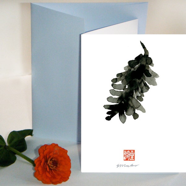 Pine Cone 3, custom greeting card, holiday card, thank you card, sympathy card, sumi ink Zen Brush Painting with Japan Haiku, free shipping