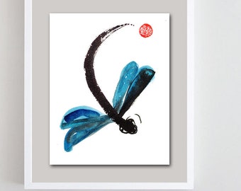 Dragonfly painting, Zen fine art sumi ink painting, Dragonfly enso, moon, japanese illustration, issa haiku, zen decor, zen decor art