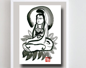 Zen Goddess Quan Yin, Kanzeon, Kannon, Kwan Yin taoist art, sumi e Painting, wall art, Zenbrush Art, zen decor, japan tea, yoga art, tao art