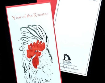 Rooster, Year of the Rooster custom birthday card, Chinese new year card w/ red envelope, chickens original zenbrush sumi ink art, gift card