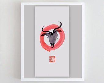 Ox, Bull, Year of the Ox-herding for Losar and Chinese Lunar New Year Zodiac, zenbrush sumi ink, japan scroll, zen decor, asian wall art
