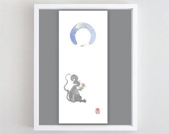 Year of the Rat art card, Chinese Lunar New Year Zodiac Rat, Year of the Rat wall art, print of zenbrush sumi-e ink, japan style, new baby