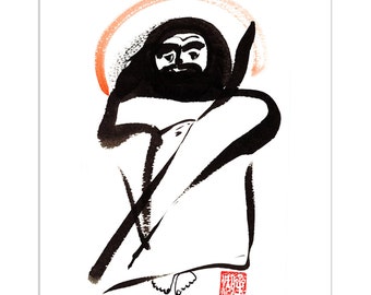 Bodhidharma, Original Sumi Ink Zenbrush Painting, Zen Chinese