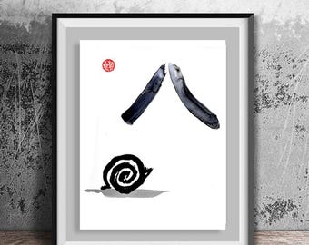 Caracol trepando al monte Fuji, pintura con pincel zen del poema haiku de Issa, arte zen original Sumi-e, decoración zen asiática, ceremonia del té japonesa