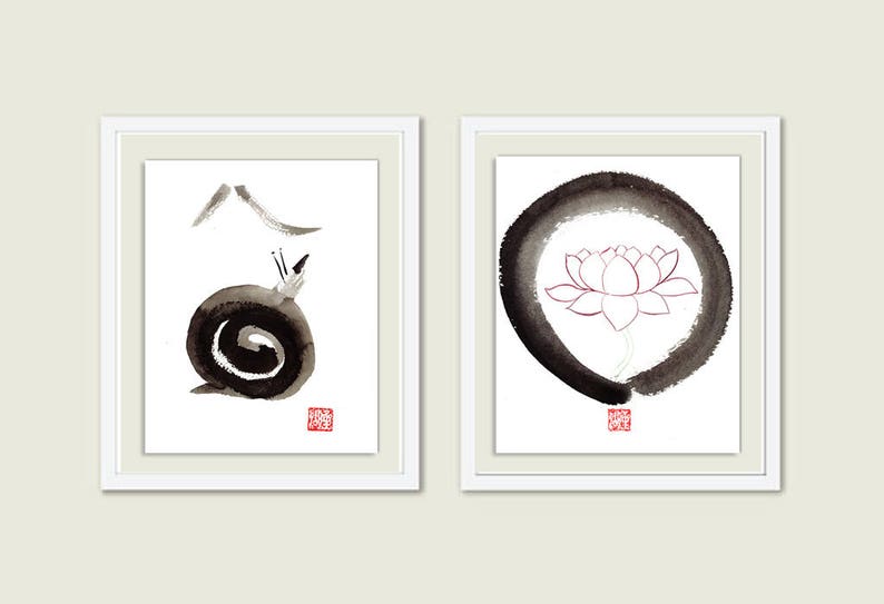 Snail Climbs Mount Fuji, Zen Brush Painting, Issa Haiku Poem, Sumie Painting Original Art, Zen