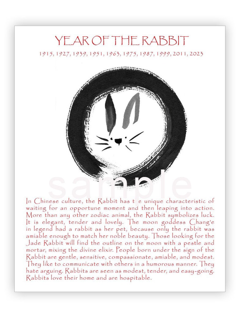 Rabbit, Chinese Lunar New Year 2023 of the Rabbit Print of Original Zen Brush Art Sumi-e ink Painting, zen decor, japan style, nursery art image 10