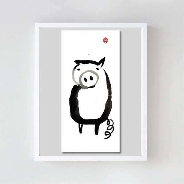 Pig, Year of the Pig, Chinese Zodiac, Original Zen Art Sumi Ink Painting, zen japanese illustration, zen decor, childrens room, nursery, tao