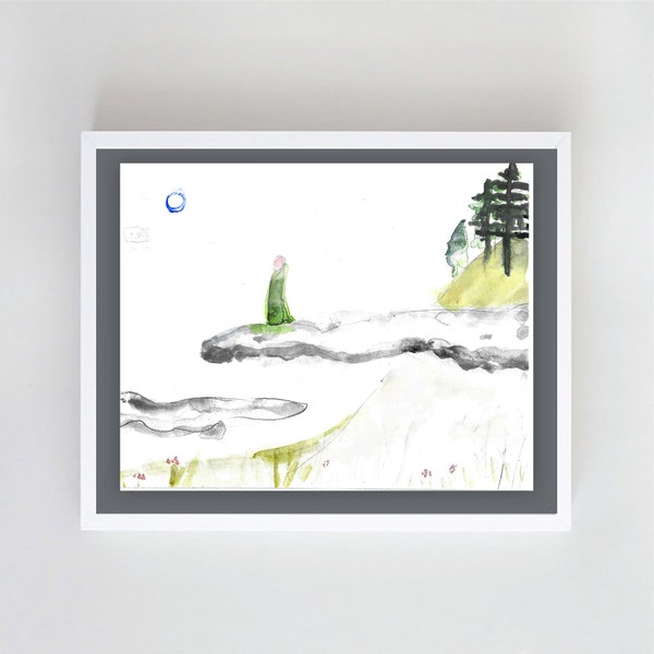 Zen Taoist Landscape Painting, Chinese Poet Han Shan-Cold Mountain poem original handmade sumi ink watercolor painting, zen decor,  zenart