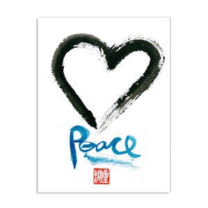 May include: A white print with a black heart shape and the word "Peace" in blue script. A red square with a symbol is below the word. The artwork is created with brushstrokes.