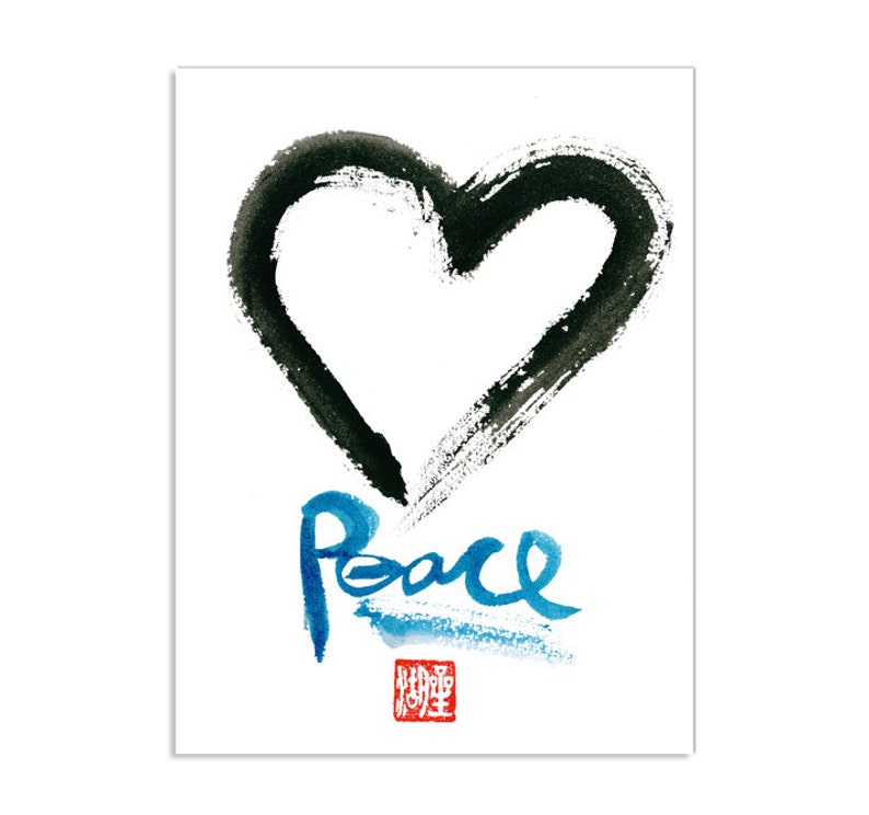 May include: A white print with a black heart shape and the word "Peace" in blue script. A red square with a symbol is below the word. The artwork is created with brushstrokes.