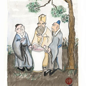 The Vinegar Tasters: Buddha, Confucius, Lao Tzu, print of original painting, Tao of Pooh, zen decor, Buddhist Taoist, Its how you look at it image 2
