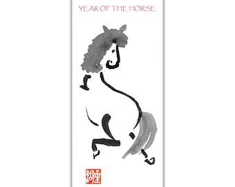 Year of the Horse Card,  Chinese Lunar Zodiac. Zen painting for New Year 2026. Postcard and red envelope