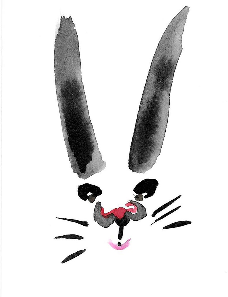 Rabbit Chinese New Year Zodiac, Lunar New Year original painting zenbrush japanese scroll, childs room, zen decor, bunny art, easter image 3