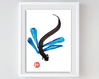 Dragonfly zen painting, Zenbrush sumi-e ink painting,  japan tea scroll, issa haiku,japan poet, zen decor print, asian wall art, taoist art