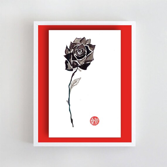 Rose Sumi E Painting Original Zen Brush Art Special Etsy