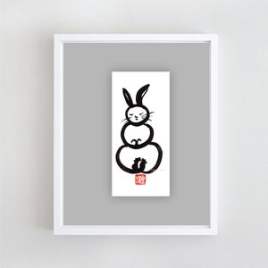 Rabbit in the Moon-Year of the Rabbit Chinese New Year Zodiac, original zenbrush japanese scroll, childs room zen decor, bunny art, easter image 1
