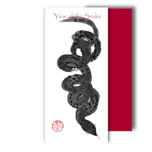 Chinesisches Neujahrsfest der Schlange 2025 Feiertagspostkarte eines Original Sumi-e Tuschemalerei, roter Umschlag, zen asiatische Kunst, Japan Tee