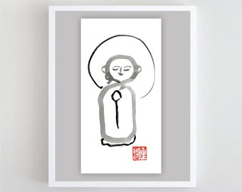 Jizo Baby Buddha Sumi Ink Painting: Original Zen Art