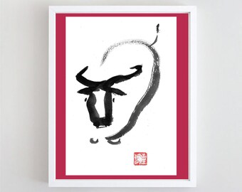 Ox, zenbrush sumi ink painting, Bull, Year of the Ox, 2021 for Chinese  Lunar New Year Zodiac, japan zen decor, childrens room art, scroll