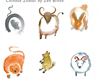 Chinese Lunar New Year Sternzeichen, alle 12 Tiere Set, Original Aquarellbilder - Alle 12 Tiere, Zen-Dekor, Kinderzimmer