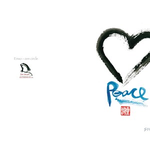 May include: A white card featuring a black heart-shaped enso and the word "Peace" in blue calligraphy. The image includes a small frog logo and the text "Enso - zen circle".