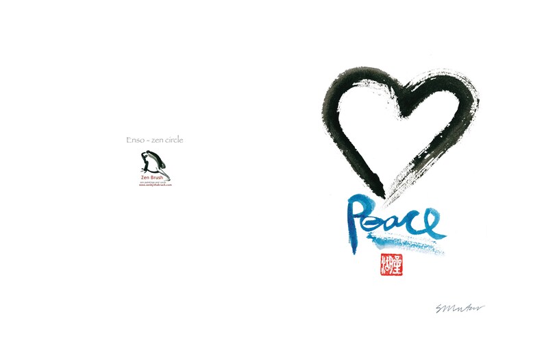 May include: A white card featuring a black heart-shaped enso and the word "Peace" in blue calligraphy. The image includes a small frog logo and the text "Enso - zen circle".