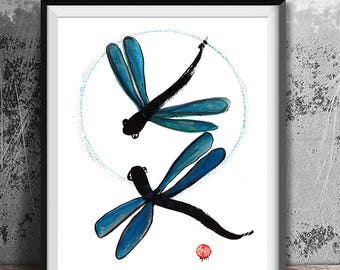 Dragonfly and moon, enso, zenbrush painting, art sumi ink painting,  inspirational japan tea ceremony, issa haiku, zen decor, asian wall art