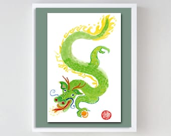 Green Chinese Dragon, Zen Dragon, Lunar Zodiac New Year of the Dragon , Watercolor Original Painting