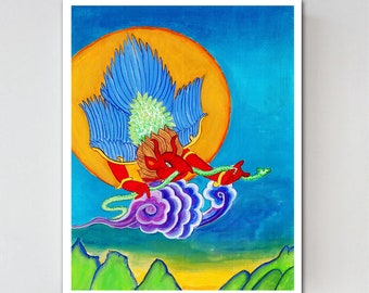 Garuda flying in landscape, painting, Custom Buddhist Wall Art, sacred art, childs room, yoga art, Tibetan thangka style, rlung ta painting