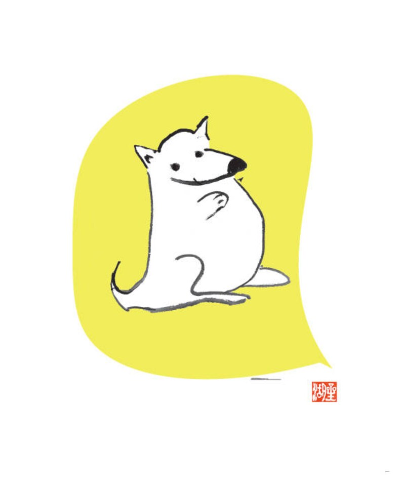 K&ouml;nnte beinhalten: Ein wei&szlig;er Hund mit schwarzer Nase und Augen sitzt auf einem gelben Hintergrund. Der Hund l&auml;chelt und hat seine Pfoten gekreuzt. Das Bild ist in einem einfachen, cartoonartigen Stil gehalten.