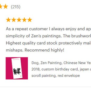 May include: A product review with a five-star rating. The review praises the simplicity of the artwork and the quality of the card stock. The image also shows a card with a black dog illustration and the text "Dog, Zen Painting, Chinese New Year of the Dog Card".