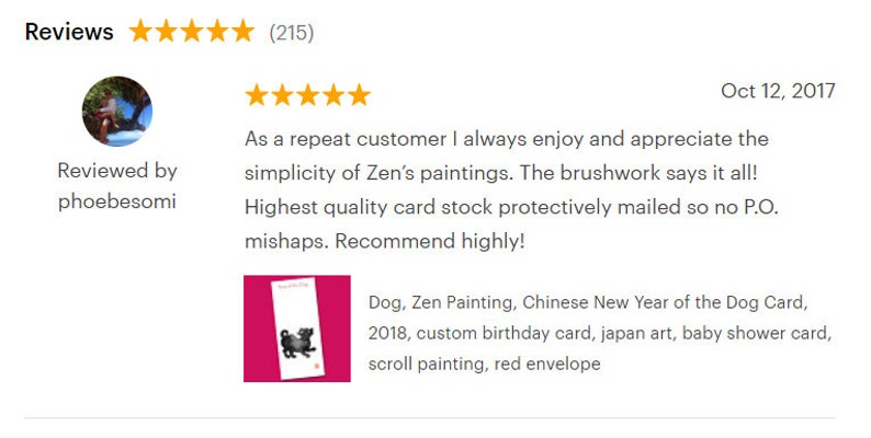 May include: A product review with a five-star rating. The review praises the simplicity of the artwork and the quality of the card stock. The image also shows a card with a black dog illustration and the text "Dog, Zen Painting, Chinese New Year of the Dog Card".