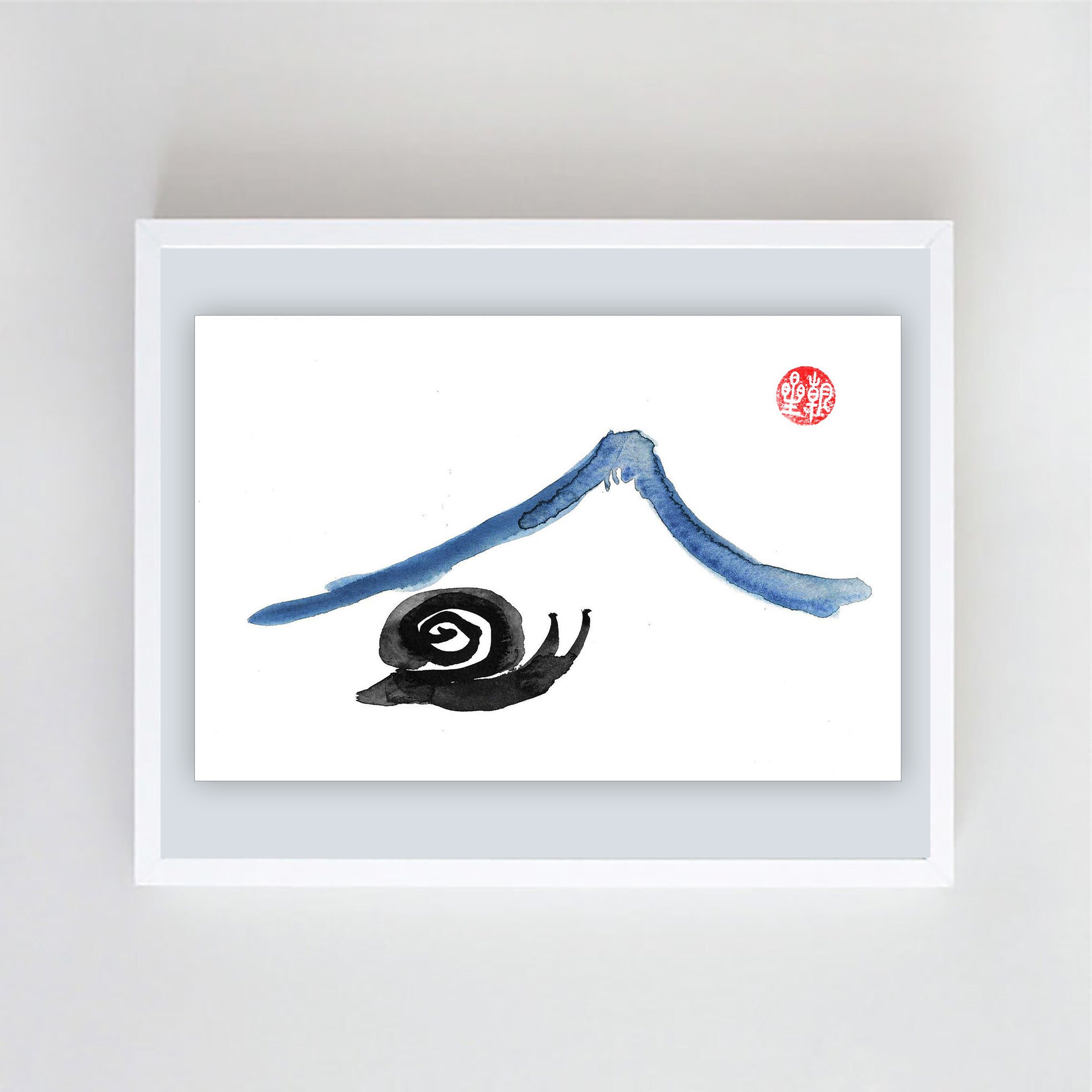 カタツムリが富士山を登る、禅の筆絵、一茶の俳句、墨絵の