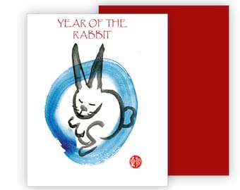 Year of the Rabbit 2023 New Years Card, Rabbit in the Moon, Chinese Lunar New Year Zodiac, red envelope, sumi ink painting, nengajo card