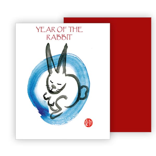 Year of the Rabbit 2023 New Years Card, Rabbit in the Moon, Chinese Lunar New Year Zodiac, red envelope, sumi ink painting, nengajo card