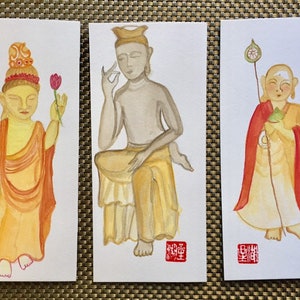 Three Panel Buddha paintings: Shakyamuni, Miroku, Jizo, Original Wall Art, Zen Buddhist art, Watercolors, japan style, zen decor, taoist art image 2