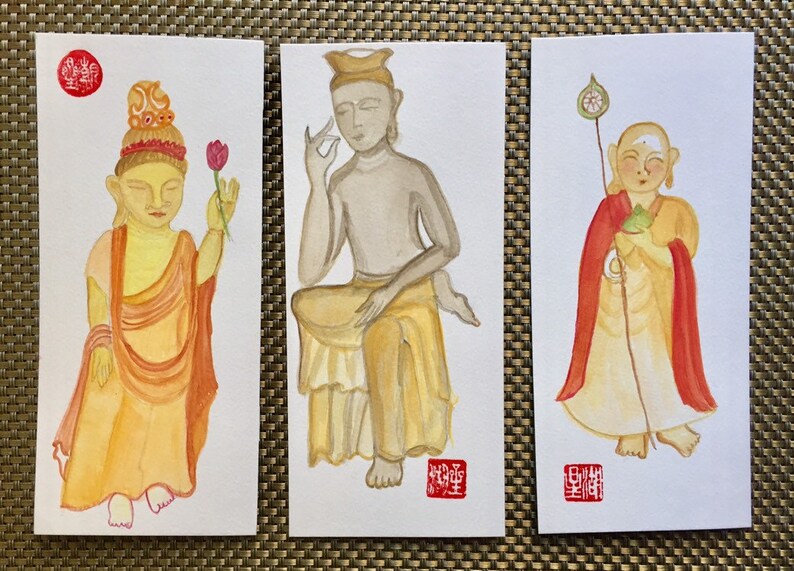 Three Panel Buddha paintings: Shakyamuni, Miroku, Jizo, Original Wall Art, Zen Buddhist art, Watercolors, japan style, zen decor, taoist art image 2