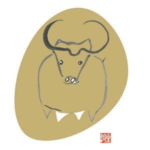 K&ouml;nnte beinhalten: Eine einfache Linienzeichnung eines Bullenkopfes in Schwarz und Grau auf goldenem Hintergrund. Der Bullenkopf ist nach vorne gerichtet, die H&ouml;rner zeigen nach oben. Die Zeichnung ist im minimalistischen Stil gehalten und wirkt einfach und elegant.