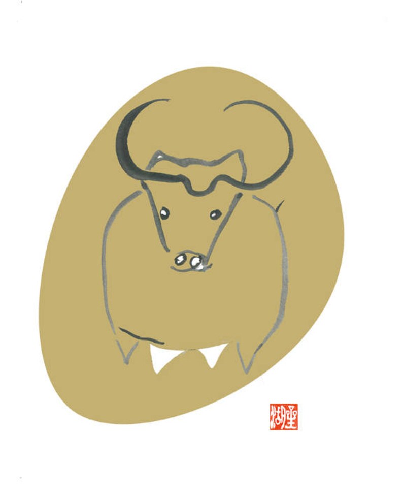 K&ouml;nnte beinhalten: Eine einfache Linienzeichnung eines Bullenkopfes in Schwarz und Grau auf goldenem Hintergrund. Der Bullenkopf ist nach vorne gerichtet, die H&ouml;rner zeigen nach oben. Die Zeichnung ist im minimalistischen Stil gehalten und wirkt einfach und elegant.