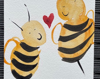 Bees for spring Custom art card, Mothers Day, Valentine&#39;s Day, Zenbrush Bee Painting Happy Bee Day Birthday greetings, original zen painting