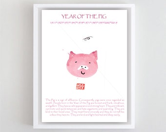 Pig, Chinese Lunar New Year of the Pig, Chinese Zodiac Print Poster, Zenbrush Painting, Japanese scroll, zen decor, asian wall art